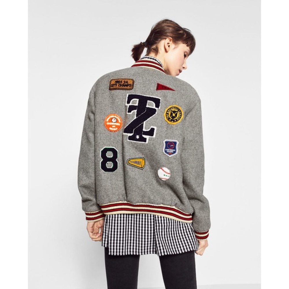 NWT Zara Gray Bomber Varsity Jackets with Patches